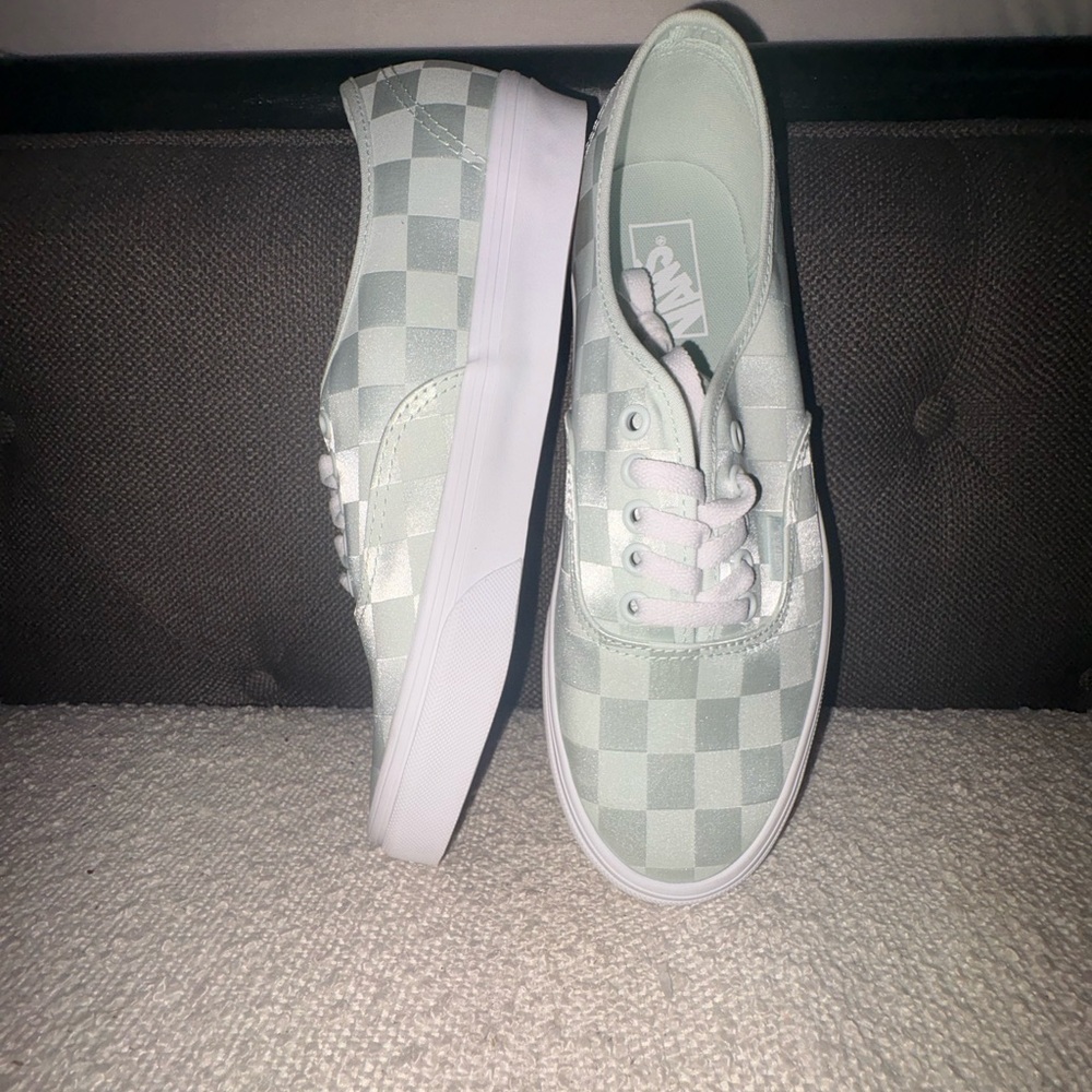 Vans Satin Checkerboard Low Top Sneakers - Mint Green & White